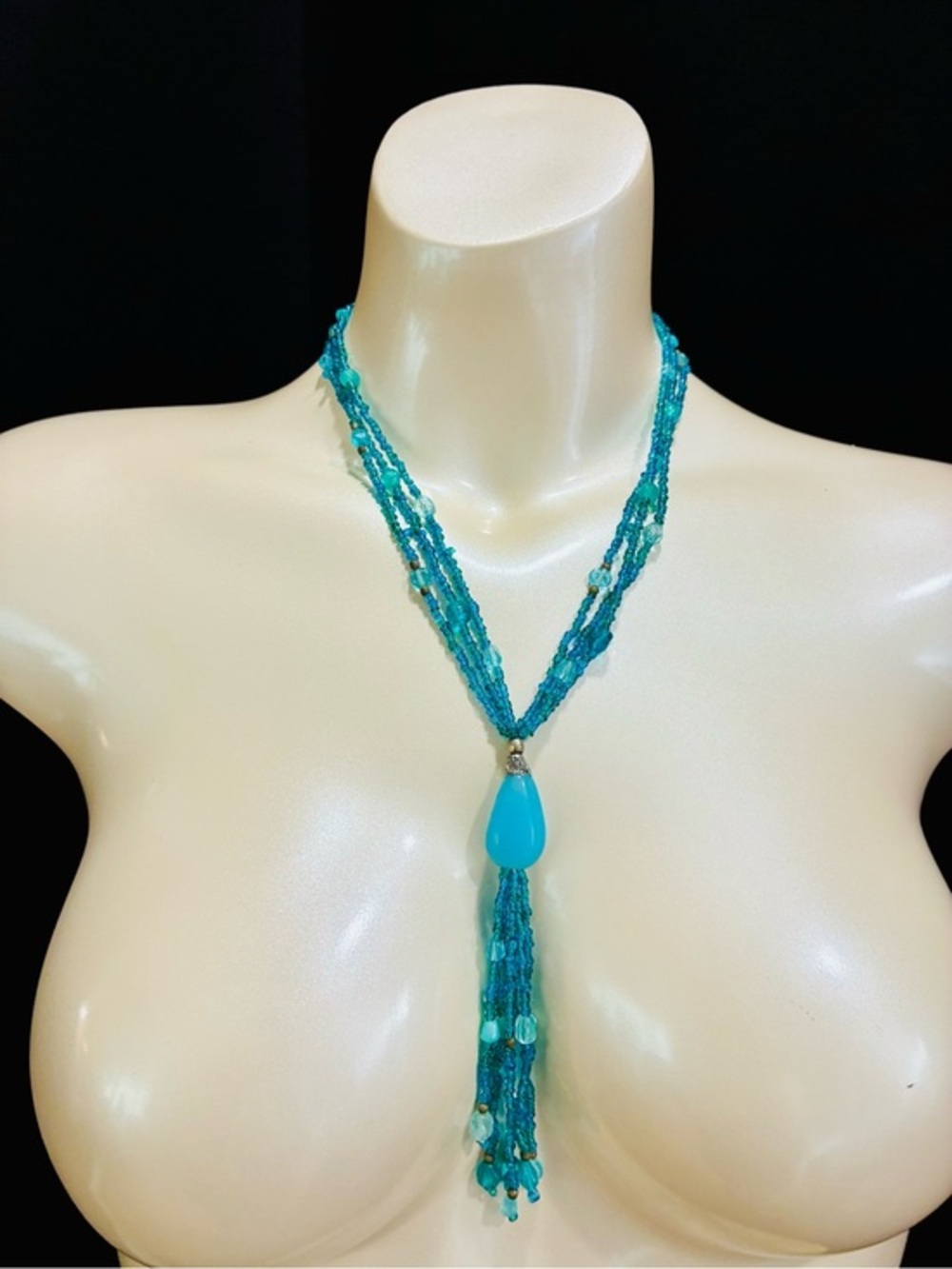 Aqua Blue Multi-Strand Tassel Necklace with Teardrop Pendant - Women Jewelry